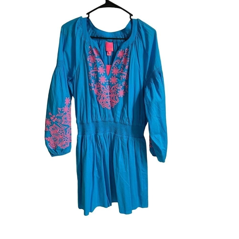 Lilly Pulitzer Turquoise Embroidered Boho Dress Floral Pink XL: New with Tags